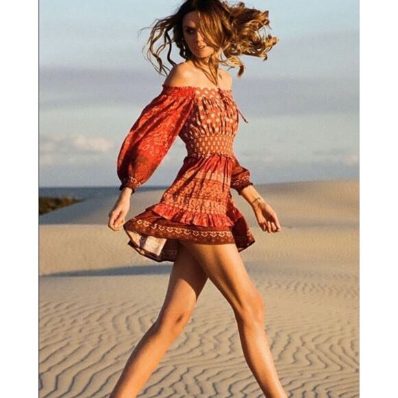 Spell and the Gypsy Collective Dresses & Skirts - Boho Off-Shoulder Rust Mini Dress with Smocked Bodice